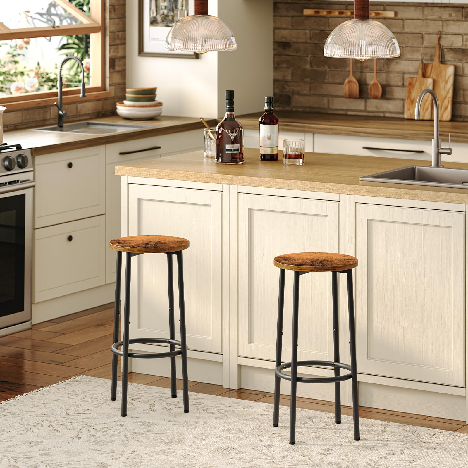 HOOBRO Tabourets de Bar, Lot de 4, Tabourets Hauts pour comptoir, Chaises de Cuisine avec Cadre métallique, pour Cuisine, Bar, café, Salle à Manger, Marron Rustique et Noir EBF03BYP401