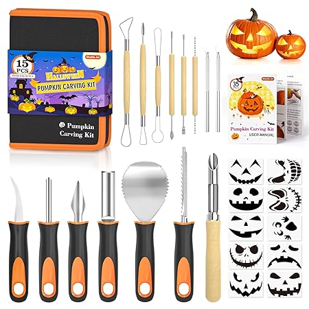 Halloween Pumpkin Carving Kit, Shuttle Art 15 PCS Professional Heavy Duty Stainless Steel Pumpkin Carving Tools with Carrying Case for Kids Adults Sculpting Jack-O-Lanterns