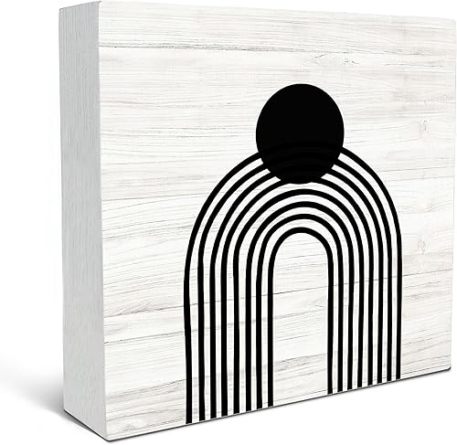 Miniatura 7 de SRADMO Caja abstracta de madera con diseño de montañas y sol de estilo bohemio, decoración de escritorio, paisaje de naturaleza bohemia, bloque de