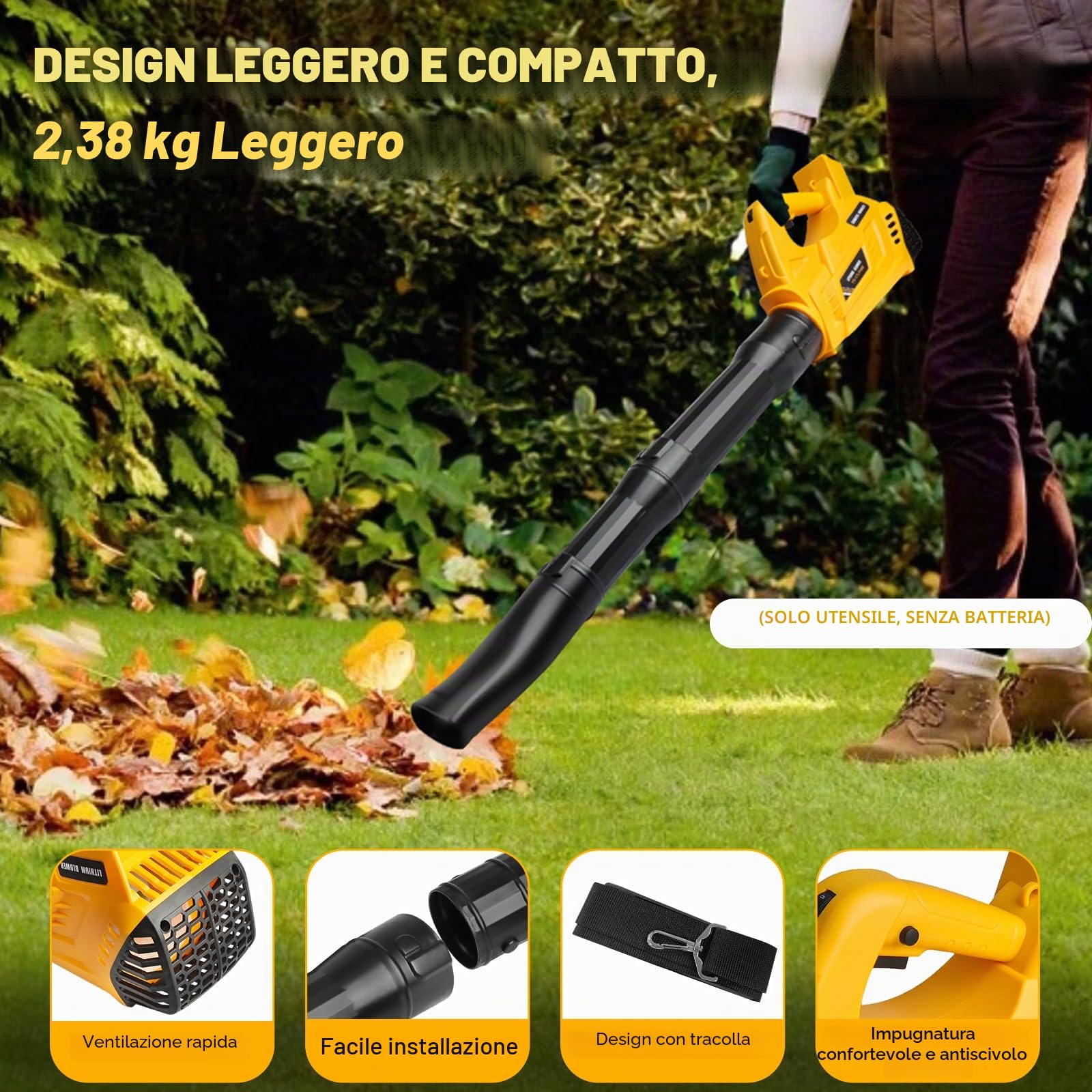 Powarobor Soffiatore per fogliame a batteria DEWALT 18 V XR MAX (20000 giri/min,9 m³/min,6 livelli,funzione di blocco,tracolla senza batteria, ideale per giardino e cortile, foglie autunnali