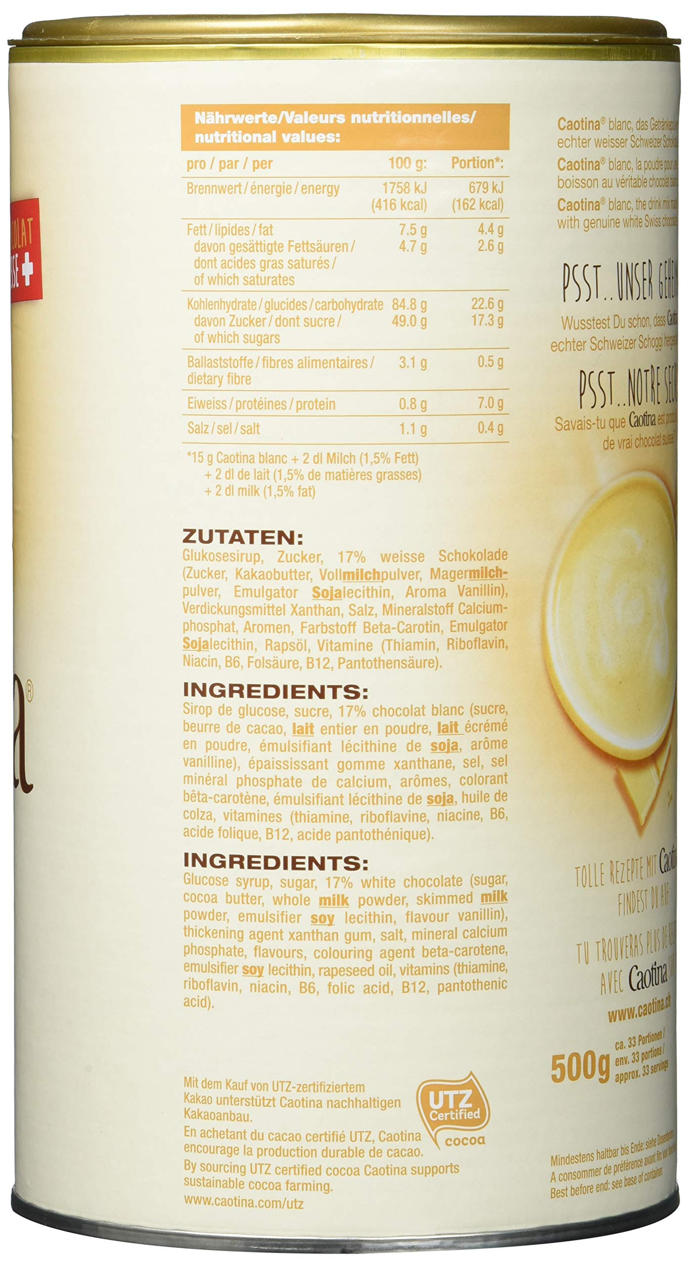Caotina Blanc Weiße Schokolade Dose 500g, 6er Pack (6 x 500 g)