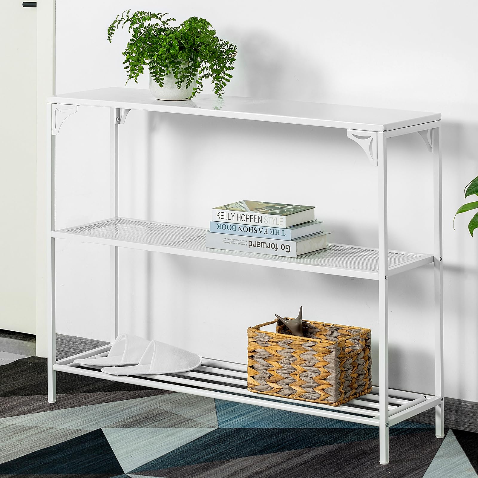HDANI Consolle Ingresso,Tavolo Console con 2 Ripiani di Rete Metallica,Tavolino da Divano, Corridoio,Entrata,Soggiorno,100 x 30 x 80cm,Stile Industriale,Bianco