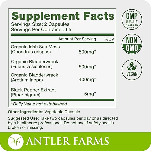Miniatura 3 de Antler Farms Complejo de musgo marino 100% puro, 130 cápsulas, musgo marino irlandés silvestre, vejiga y raíz de bardana - Una potente mezcla para