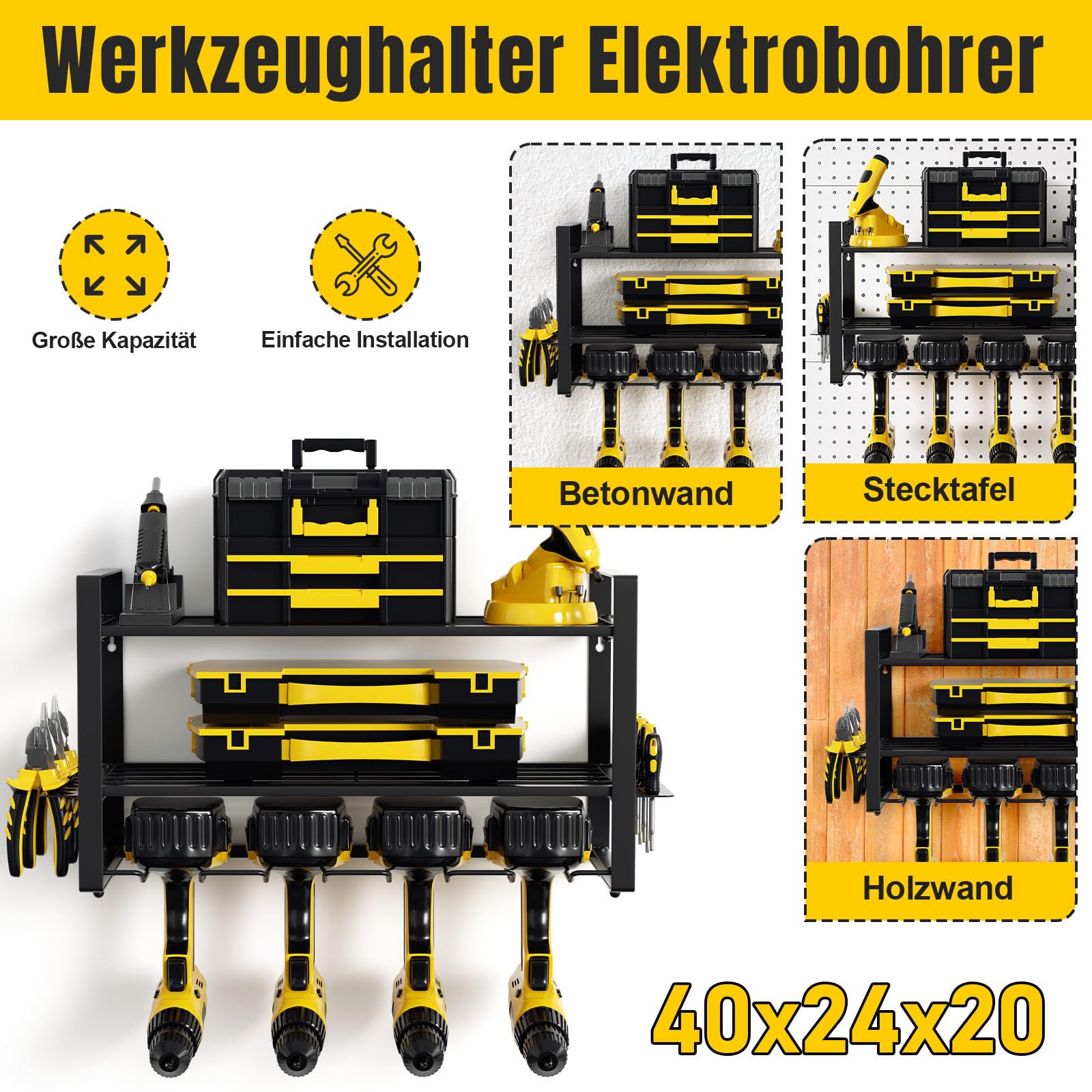 Werkzeug Wandhalterung für 4 Elektrowerkzeug, Werkzeugspeicher Werkzeugregal, 3 Ebenen Werkzeugständer mit seitlichem Schraubendreher-Gestell für Garage, Werkstatt, 40 * 24 * 20cm