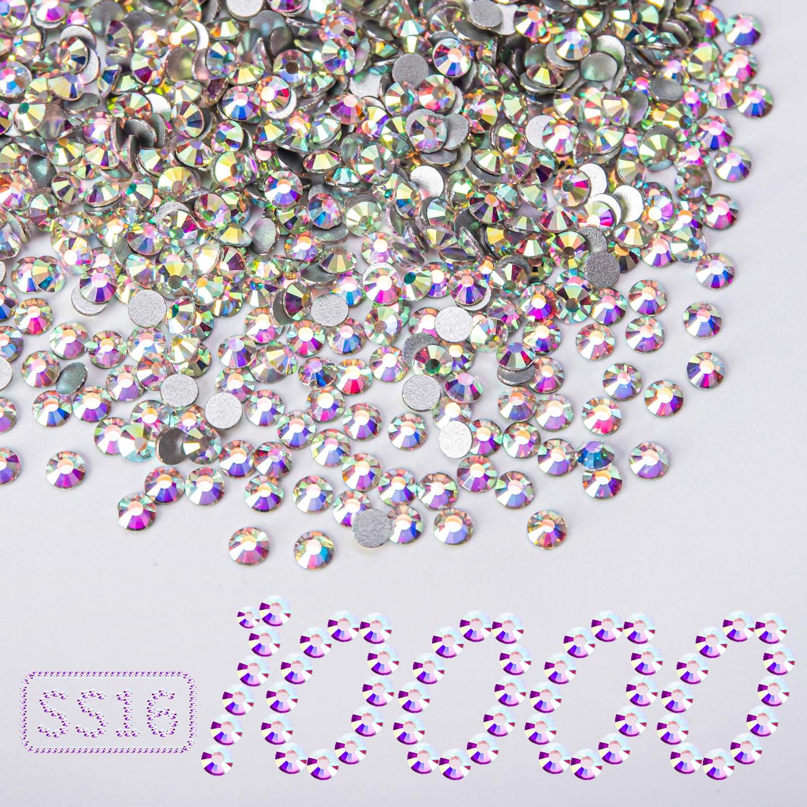 10000PCS Crystal AB Rhinestones Bulk, Flat Back Crystal Glass Stone Round Gems,SS16, 3.8-4.0mm