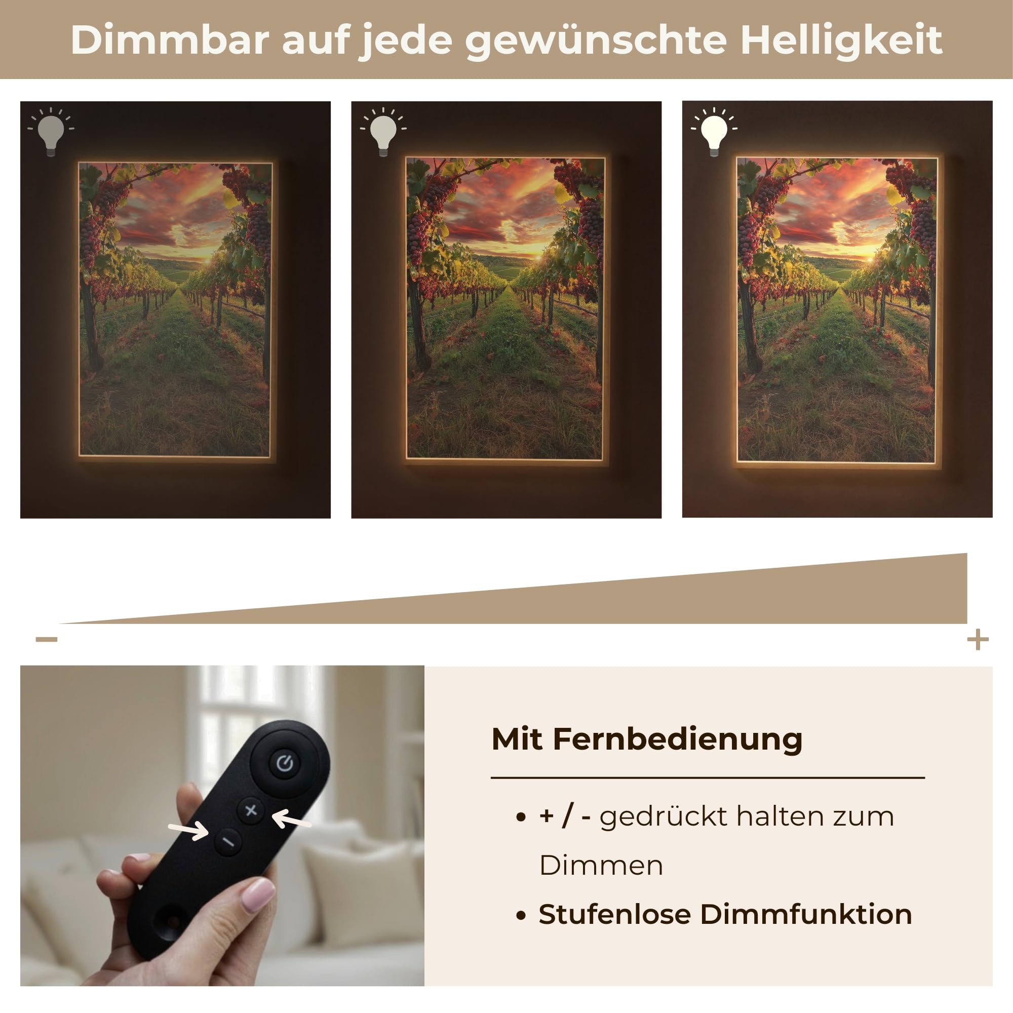 LED Lampe Wand Innen 60x90 cm Aufladbar Wall Light Wandlicht Wohnzimmer Wandlampe Dimmbar Wandlampen Wandlichter Schlafzimmer Beleuchtung Leuchte Weinberg - Weintrauben - Sonnenuntergang