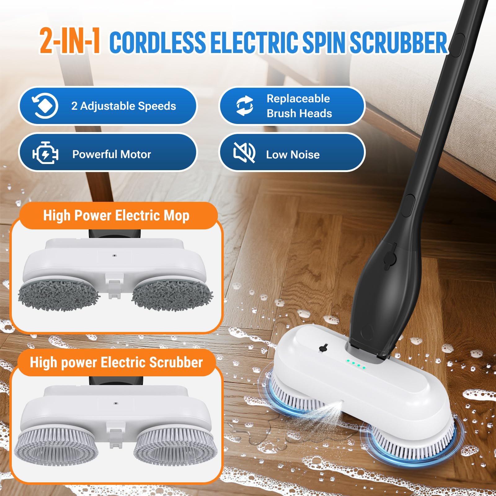 Balai Nettoyeur de Sol Électrique Sans Fil IPX8 avec Pulvérisateur, Autonomie 60 Min, Réservoir 800ml, Manche 4-Niveaux, Nettoyeur et Polisseur pour Parquet, Carrelage et Marbre