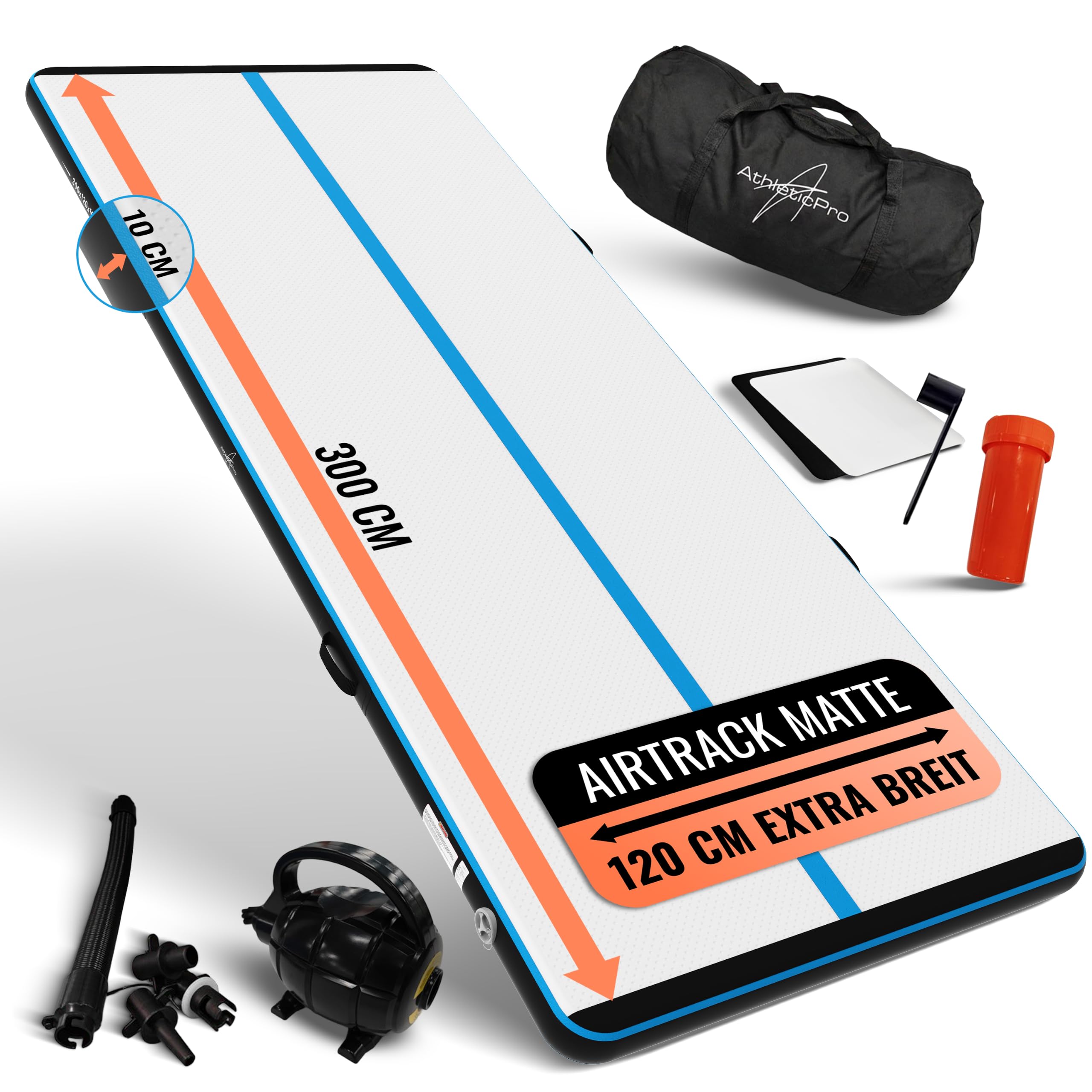 AthleticPro Airtrack Matte [3m/4m/5m Lang] - 120cm Extra Breit - 10/20cm Höhe - Aufblasbare Turnmatte für Bodenturnen & Akrobatik inkl. elektrischer Pumpe, Reparaturset & Tasche