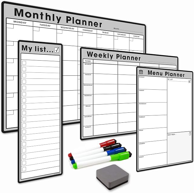 The Magnet Shop Weekly Planner Bundle #1-4 x Dry Wipe Magnetic Whiteboard Planners - A4 Weekly Planner, A4 Menu Planner, S3 My List, A3 Monthly Calendar, 4 Dry Erase Pens + Eraser (Grey, Bundle 1)