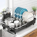 SNTD Dish Drying Rack, Expandable Dish Rack for Kitchen Counter, Stainless Steel Dish Drainer with Drainboard Set and Utensil Holder (Black)