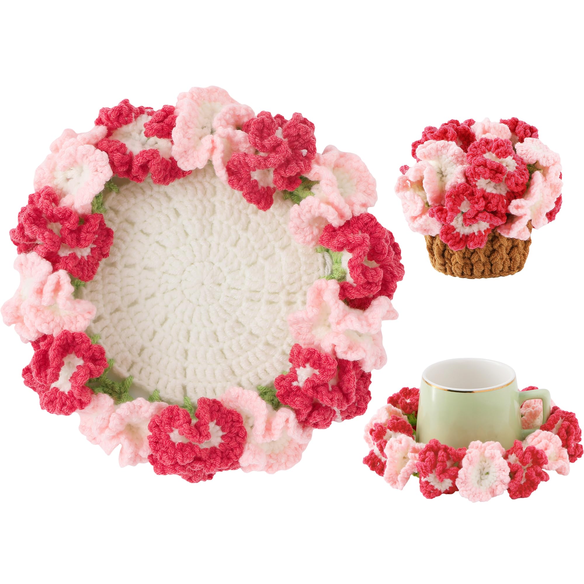 Litvana Flower Crochet Coasters, Handmade Bouquet Blanket Coaster with Crochet Plant Pot Fun Soft Decorative Drink Coasters for Coffee Tabletop Protection and Home Decor (Pink and Red)