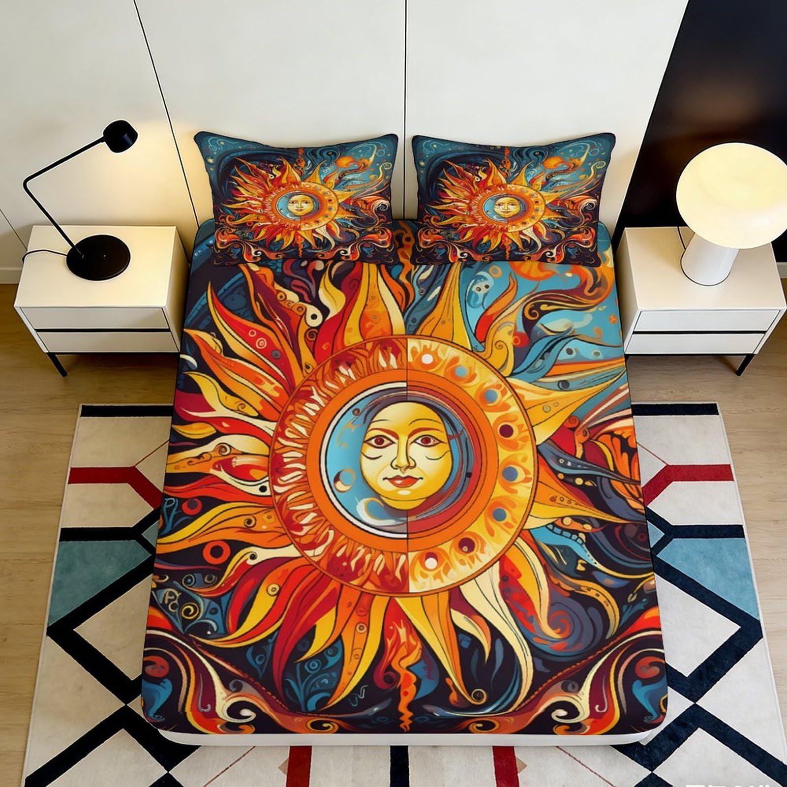 3D Printed Sun Mandala Fitted Sheet Microfiber Soft Vibrant Boho Mattress Cover for Bedroom Dorm Apartment Decor 160x200x25cm