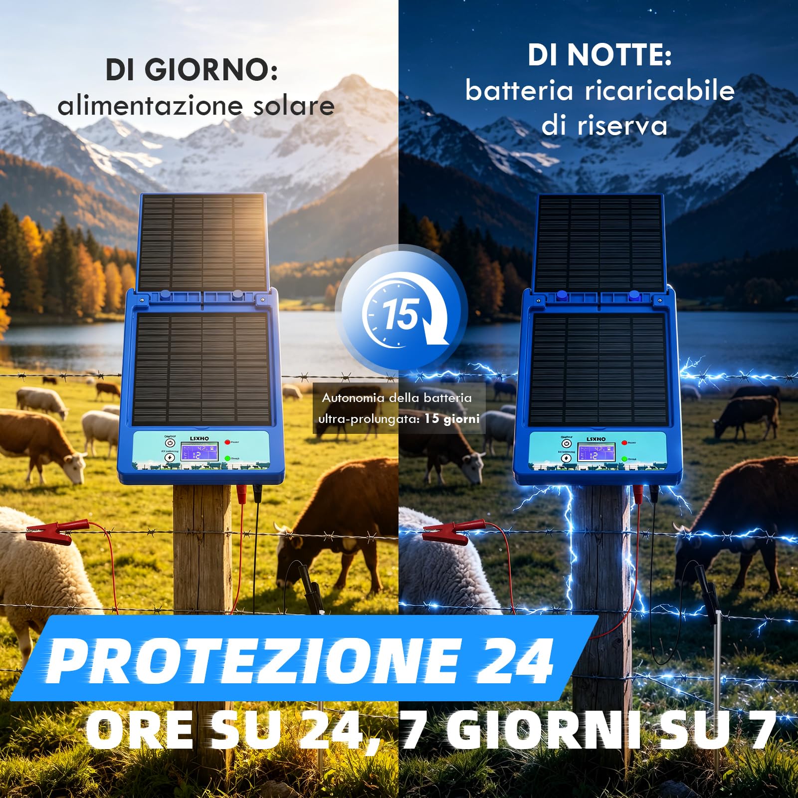 Recinto Elettrico Solare 12V 32KM, Elettrificatore per Recinti Impermeabile con Batteria al Litio 18Ah, 0.3-2J, 6KV-12KV Regolabile, Pannello Solare 8W, per Grandi e Piccoli Animali (Blu)