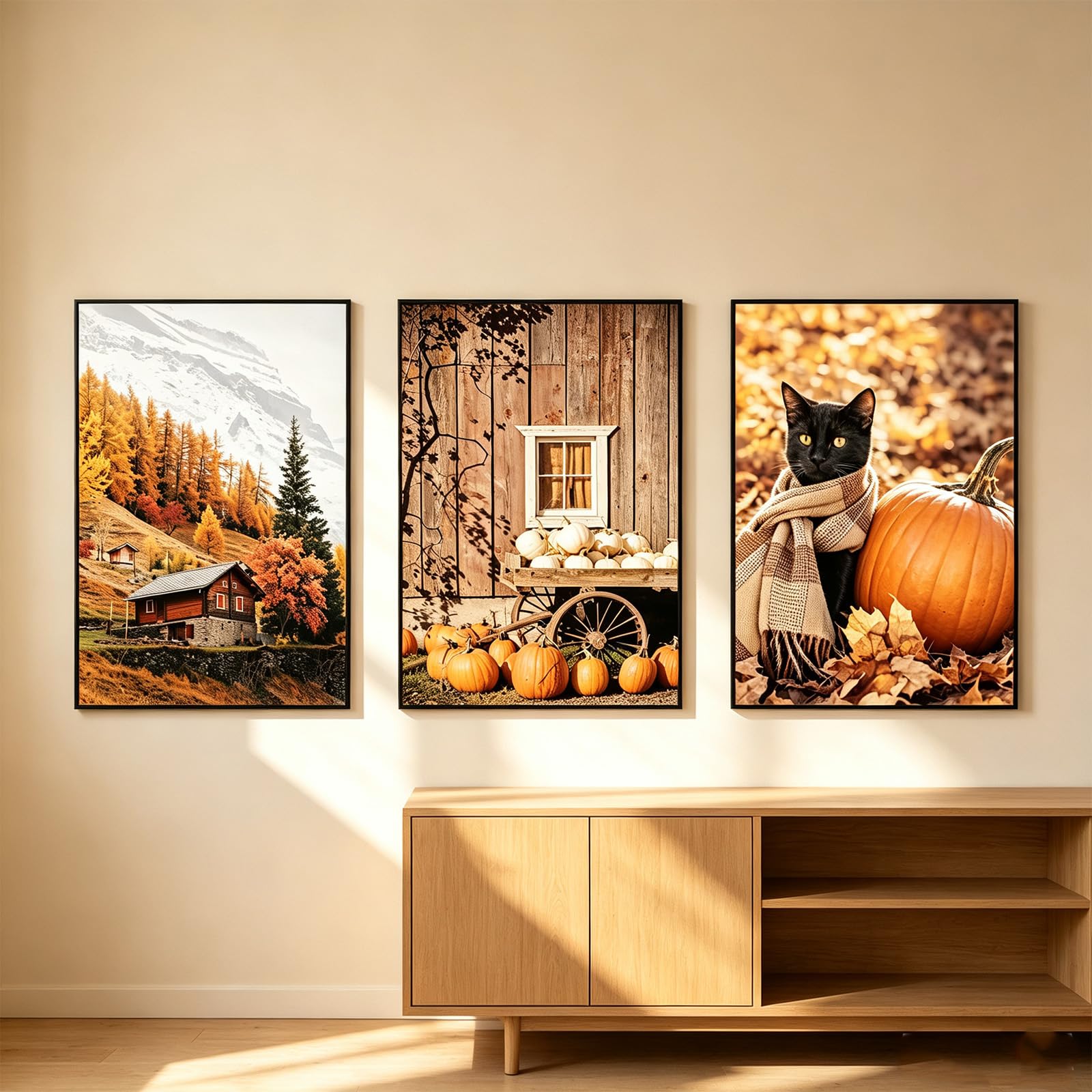 ZBELLO Autumn Landscape Canvas Wall Art Set of 3, Mountain Cabin, Pumpkin Farm, Black Cat Print, Rustic Fall Nature Wall Decor for Living Room Bedroom, Unframed (30x40cm,pumpkin)