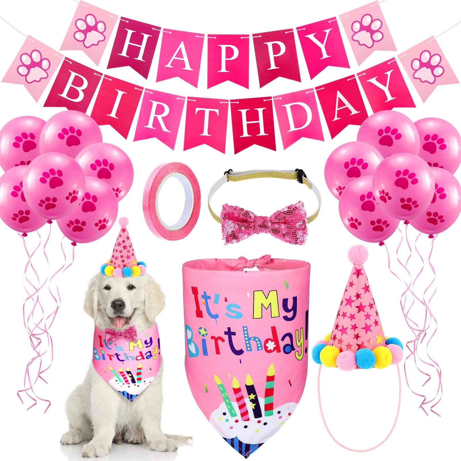 Dog Birthday Bandana Hat Set, Dog Birthday Hat Bandana Scarf Shining Dog Bow Tie Collar Dog Happy Birthday Banner and 10 Piece 12 Inch Paw Print Balloon with Tape for Dog Pet (Pink)