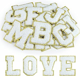Morcheiong 26Pcs Self Adhesive Chenille Letter Patches A-Z, Iron on Letters for DIY Clothing, Fabric, Shoes, Bags (White)