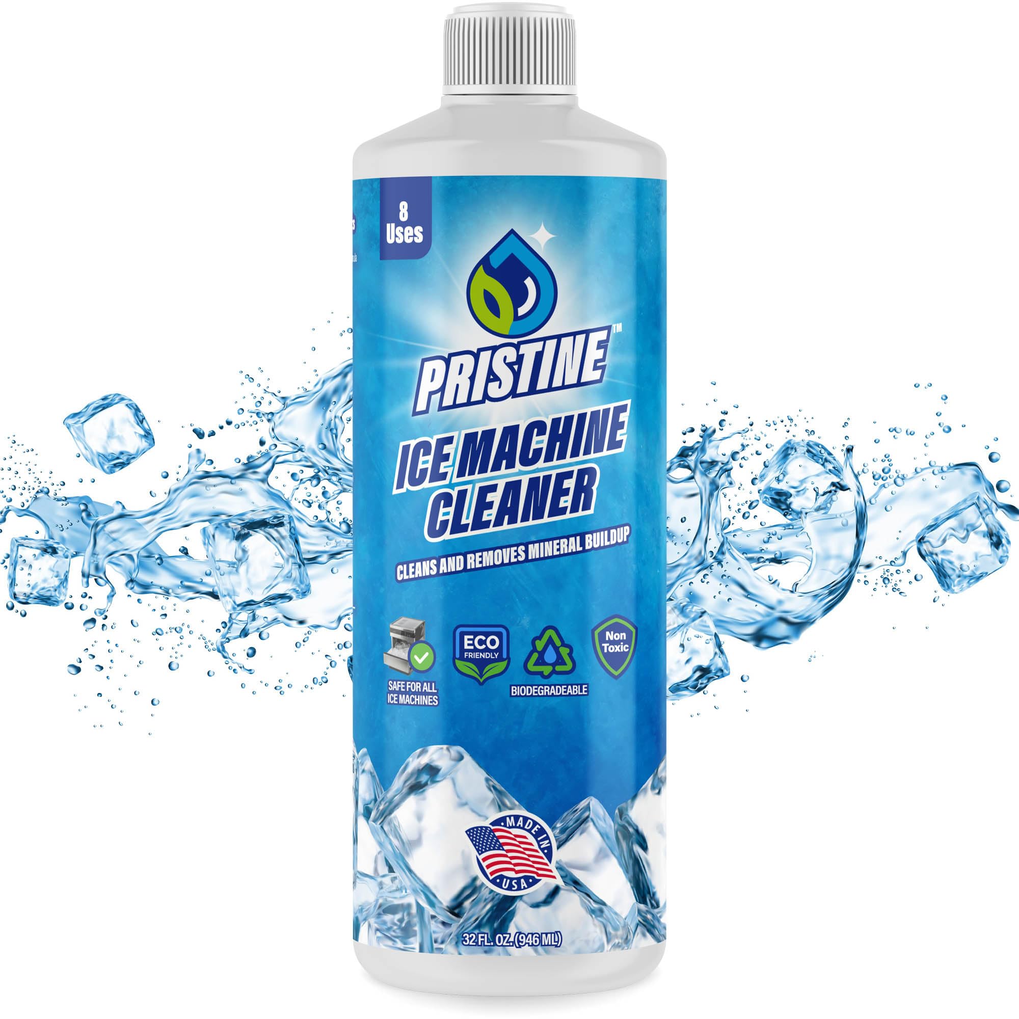 Pristine Ice Machine Cleaner and Descaler 32 fl oz 8 Uses - for all brands. Nickel-Safe Ice Maker Cleaner - Compatible with Whirlpool 4396808, Scotsman, Manitowoc, Hoshizaki, GE Opal Made in USA