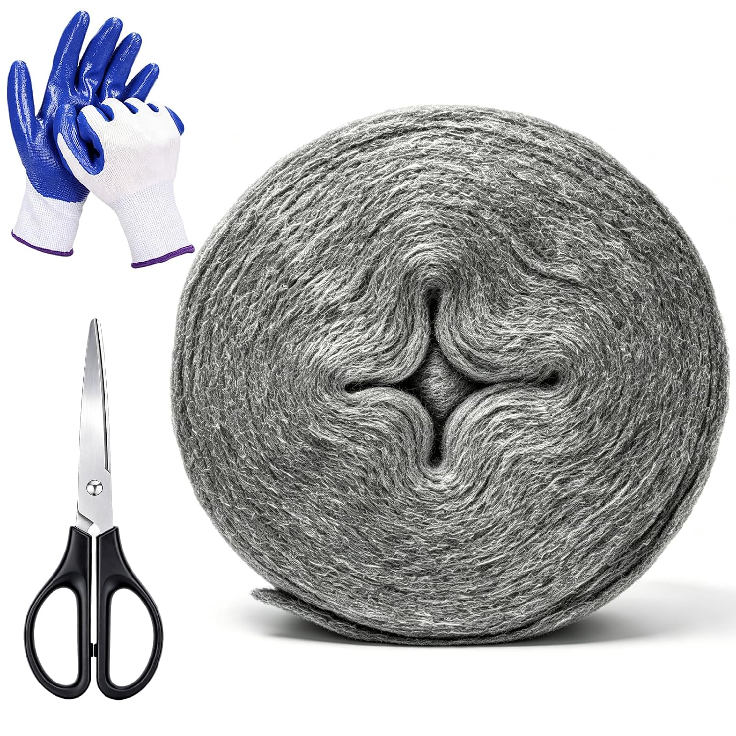 2Pack Steel Wool for Mice Control 3.2" x10.5 ft Wool, Gap Filler for Home & Garage, DIY Bundle with Gloves & Scissors