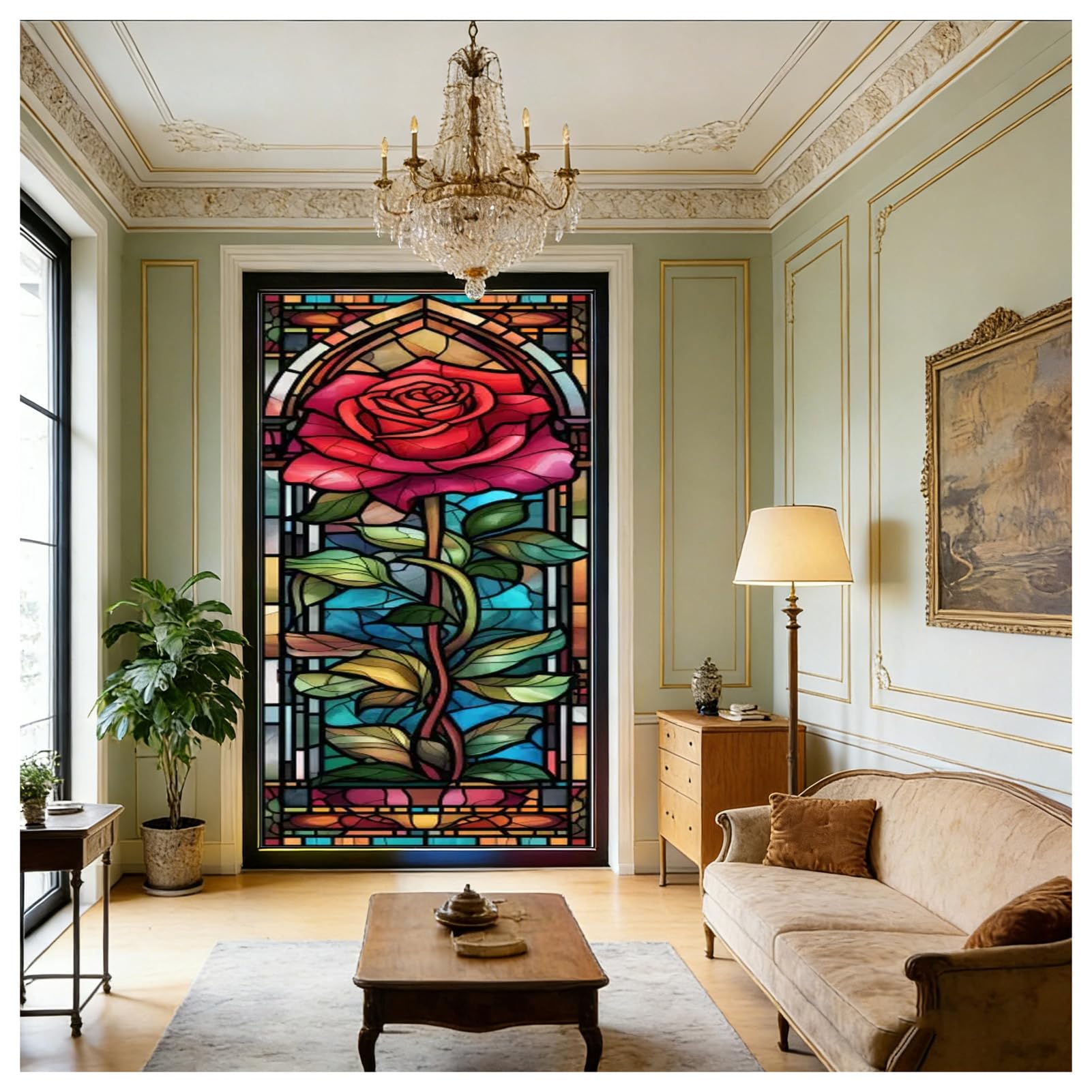 Wiederverwendbare Retro Fenster Sichtschutzfolie mit Buntglas Aufkleber im Gotik Stil Motiv die rote Rose statisch haftend Dekor für Fenster und Türen im Homeoffice,Color 9,60x100cm