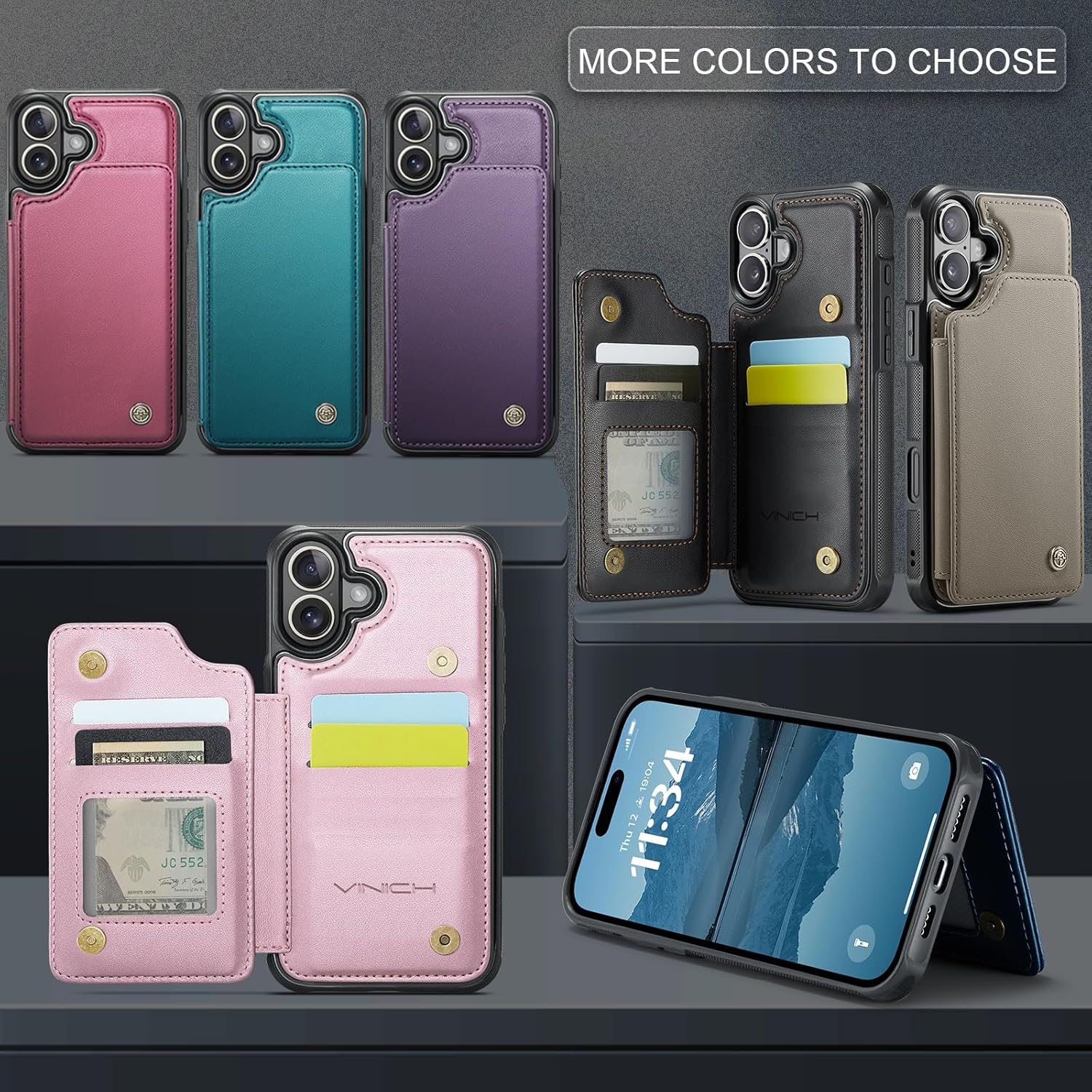 Compatible with iPhone 16 6.1 Wallet Case with Card Holder RFID Blocking for Women Men, Double Magnetic Clasp Kickstand Shockproof Phone Case Fit for iPhone 16, Rose Gold