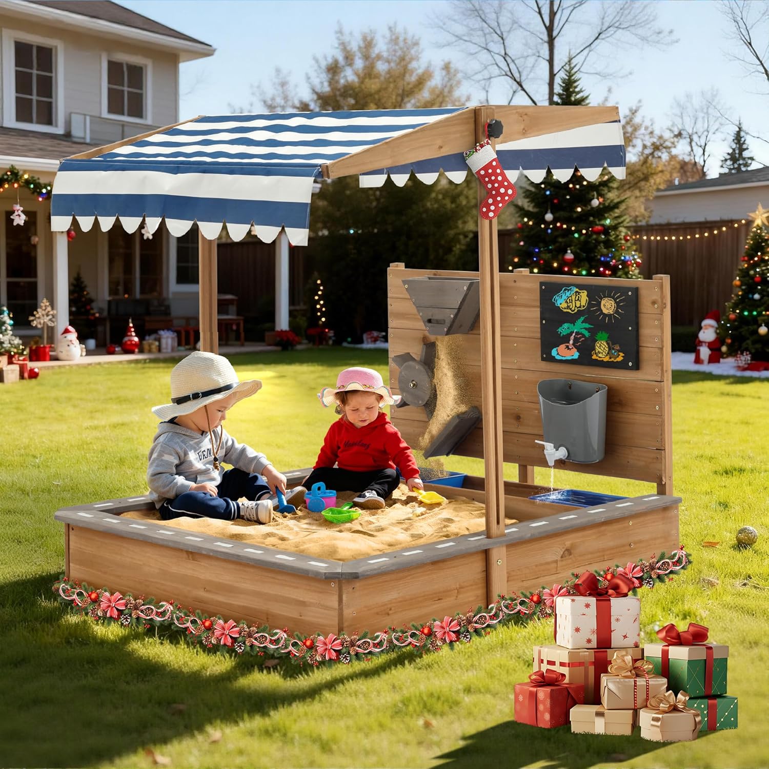 Kids Large Wooden SandBoxes with Roof, Pipleo Outdoor Sand Box Play w/Canopy for Backyard Garden Beach, Sand Pit for Beach Patio Outdoor, [Adjustable Cover &amp; Funnel &amp; Drawing Board] - Brown Oa