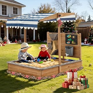 Kids Large Wooden SandBoxes with Roof, Pipleo Outdoor Sand Box Play w/Ca...
