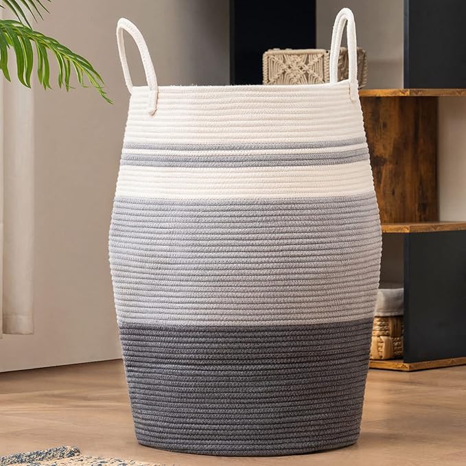 Cotton Rope Laundry Hamper by YOUDENOVA, 105L - Woven Collapsible Laundry Basket - Clothes Storage Basket for Blankets organizing, Bedroom Storage, Clothes Hamper – Grey