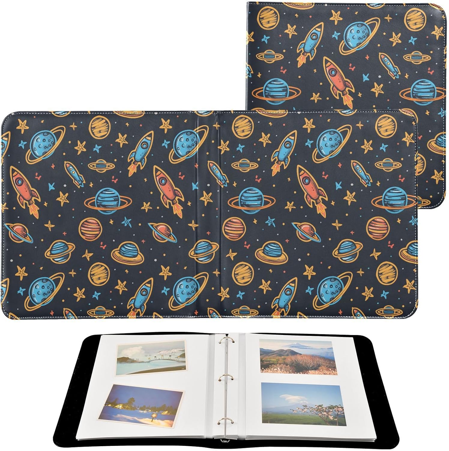 JIPONI Cartoon Space Rockets and Stars Large Photo Album, DIY Leather Cover Scrapbook Albums for 4x6 5x7 6x8 Pictures, Self Adhesive Memory Book for Wedding, Baby, Family