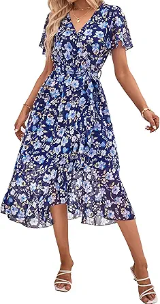 PRETTYGARDEN Women's Summer Floral Boho Maxi Dress Wrap Short Sleeve V Neck Ruffle A-Line Flowy Wedding Guest Long Dresses