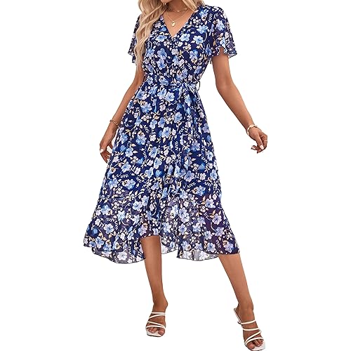 PRETTYGARDEN Women's Summer Floral Boho Maxi Dress Wrap Short Sleeve V Neck Ruffle A-Line Flowy Wedding Guest Long Dresses