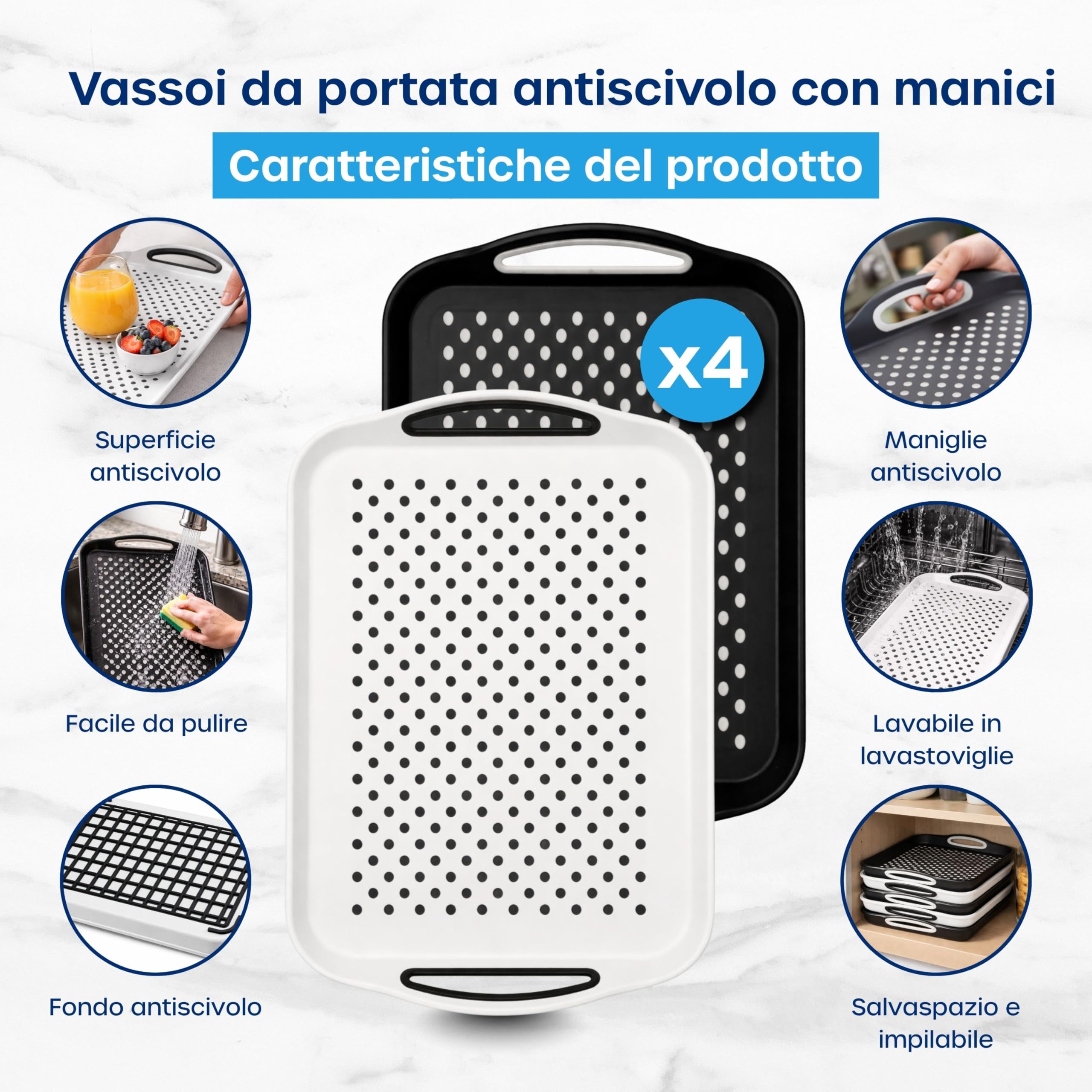 Volila Vassoio Antiscivolo (4 pezzi, 41 x 29 x 4,5 cm) - Vassoio da Servizio Bianco e Nero con Manico - Per Vassoio del Caffè e Alimentare