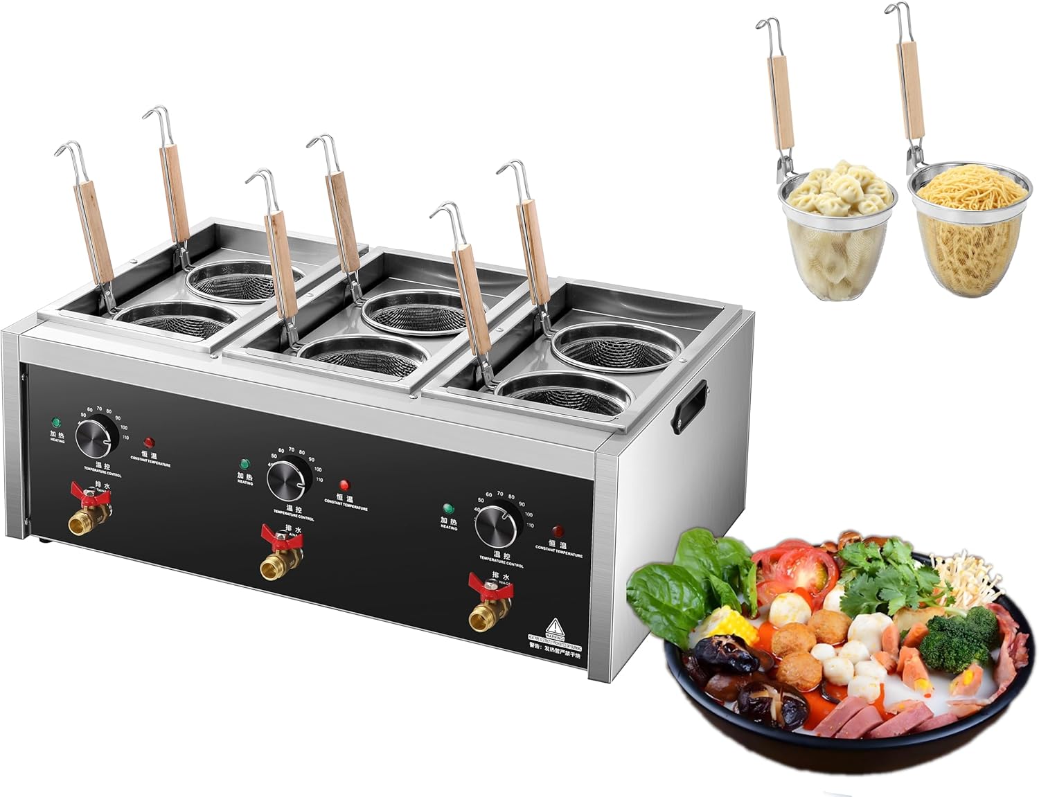 Commercial Pasta Cooker with Drain Valve 3 Independent Tank 6 Pasta Strainers Noodle Cooking Machine Pasta Makers Boiler Temperature Adjustable Boiler For Spaghetti Ramen 110V US plug