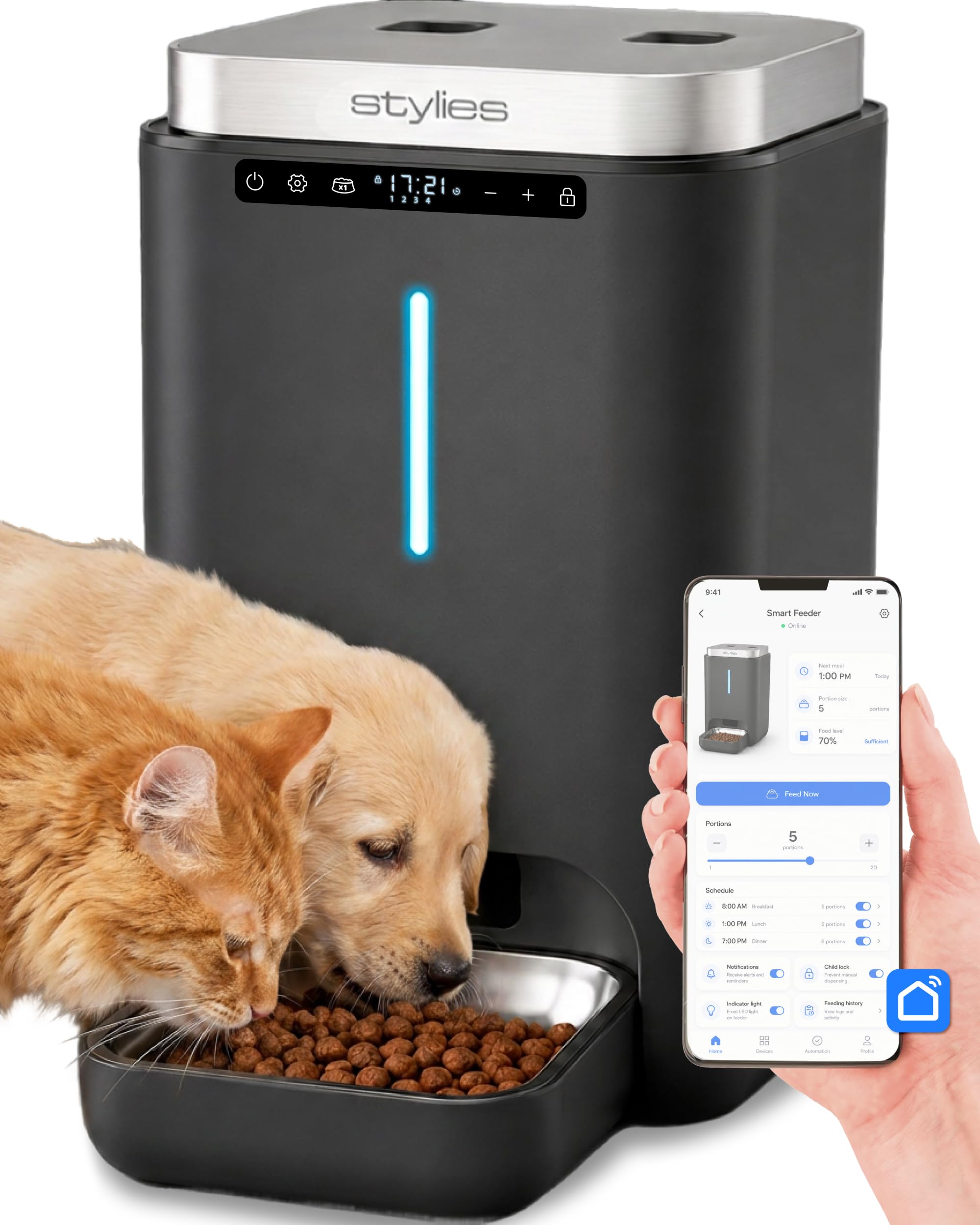 Futterautomat Katze 4,5L mit WiFi & App, Katzenfutter Automat für Trockenfutter, Edelstahlnapf, bis 10 Mahlzeiten/Tag, Futterspender für Katze & Hund – Anthrazit