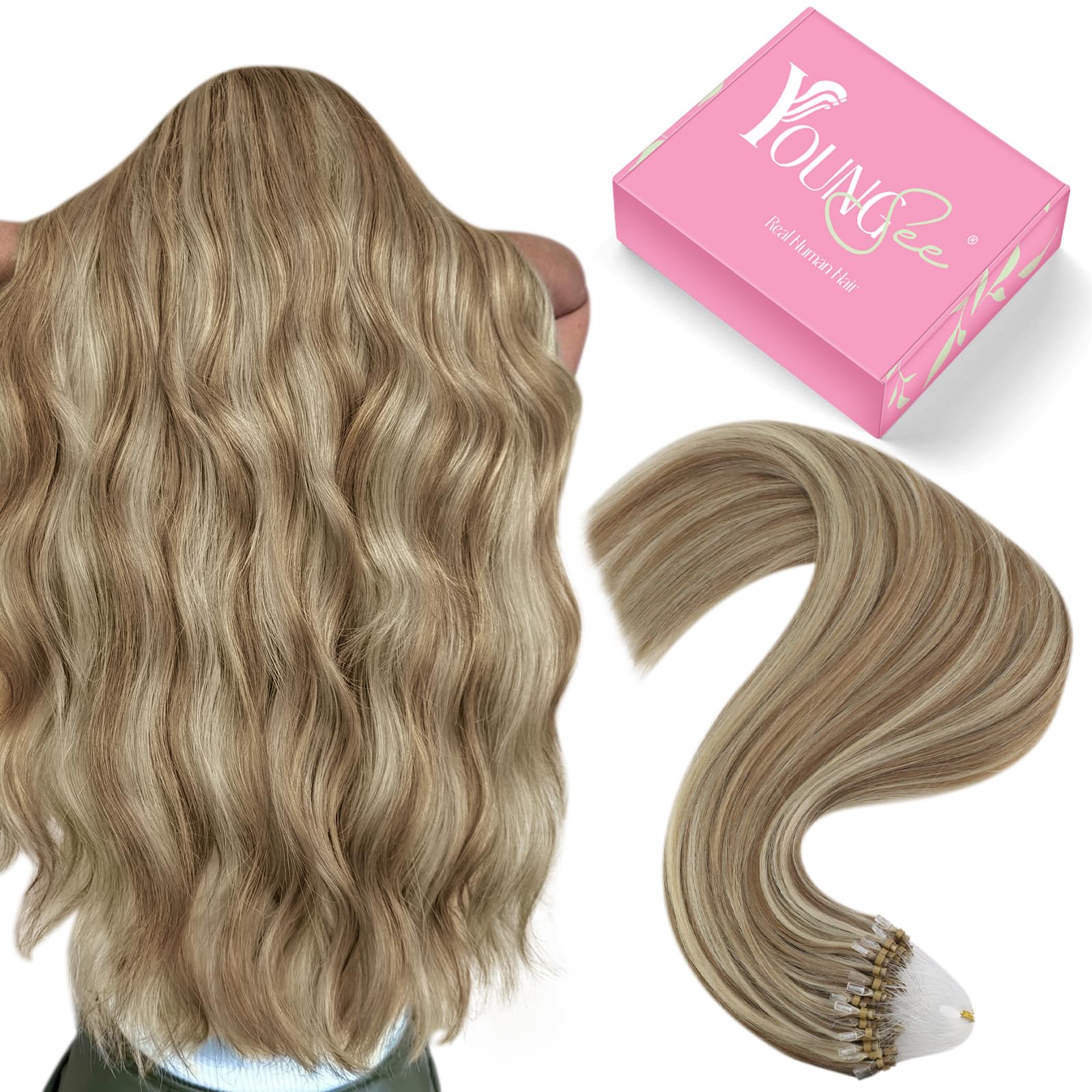 YoungSee Micro Bead Hair Extensions Highlight Microlink Hair Extensions Human Hair Light Brown Highlight Blonde Microbead Hair Extension 14In 50s 57g for Short Hair