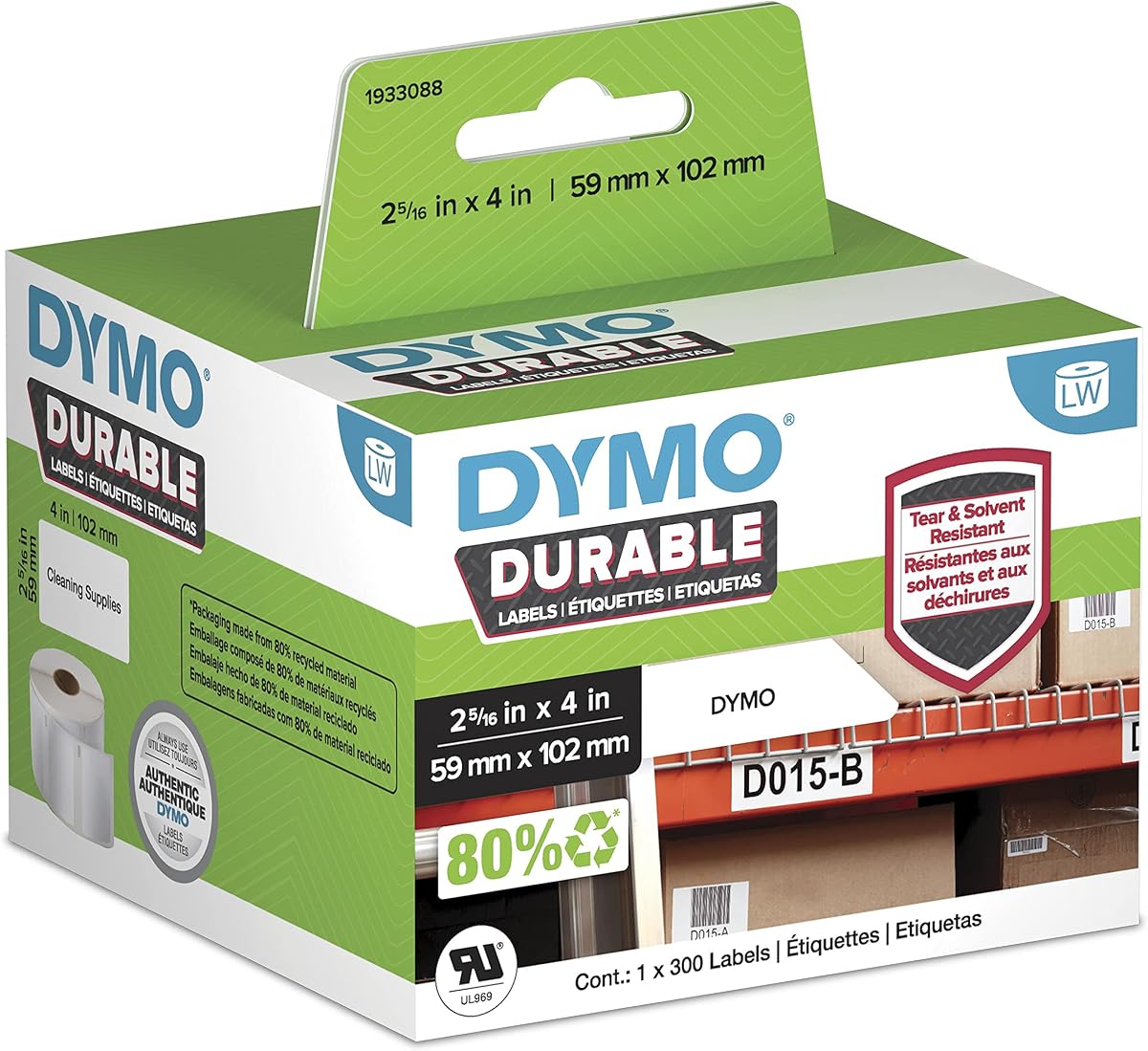 DYMO LW Durable Industrial Labels for LabelWriter Label Printers, White Poly, 2-5/16” x 4”, 1 Roll of 300