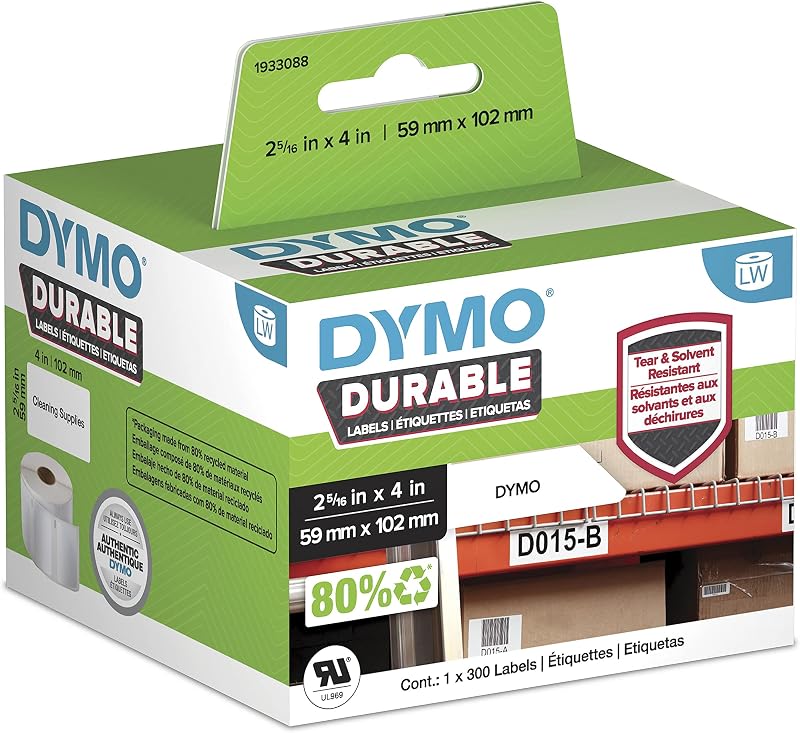DYMO LW Durable Industrial Labels for LabelWriter Label Printers, White Poly, 2-5/16” x 4”, 1 Roll of 300