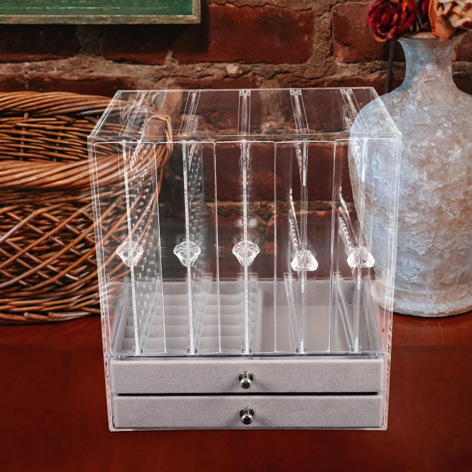 VALICLUD Transparente Schmuckkästchen aus Acryl mit Doppellagigen Schubladen und Vertikalen Ohrringclips zur Einfachen Schmuckaufbewahrung für Schmuckläden und Haushalt