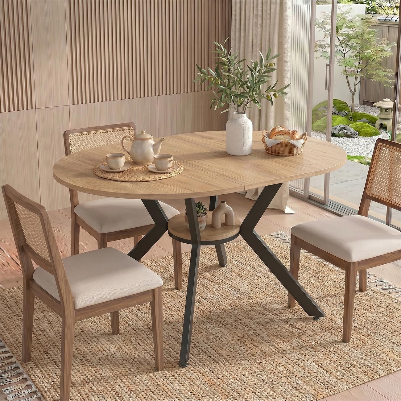 Esstisch Rund Ausziehbar, 100-140cm Rund Küchentisch Holz, Esszimmertisch Oval mit Teleskopfunktion, Wohnzimmertisch Erweiterbar mit Offenen Ablagen für Küche, Esszimmer und Wohnzimmer