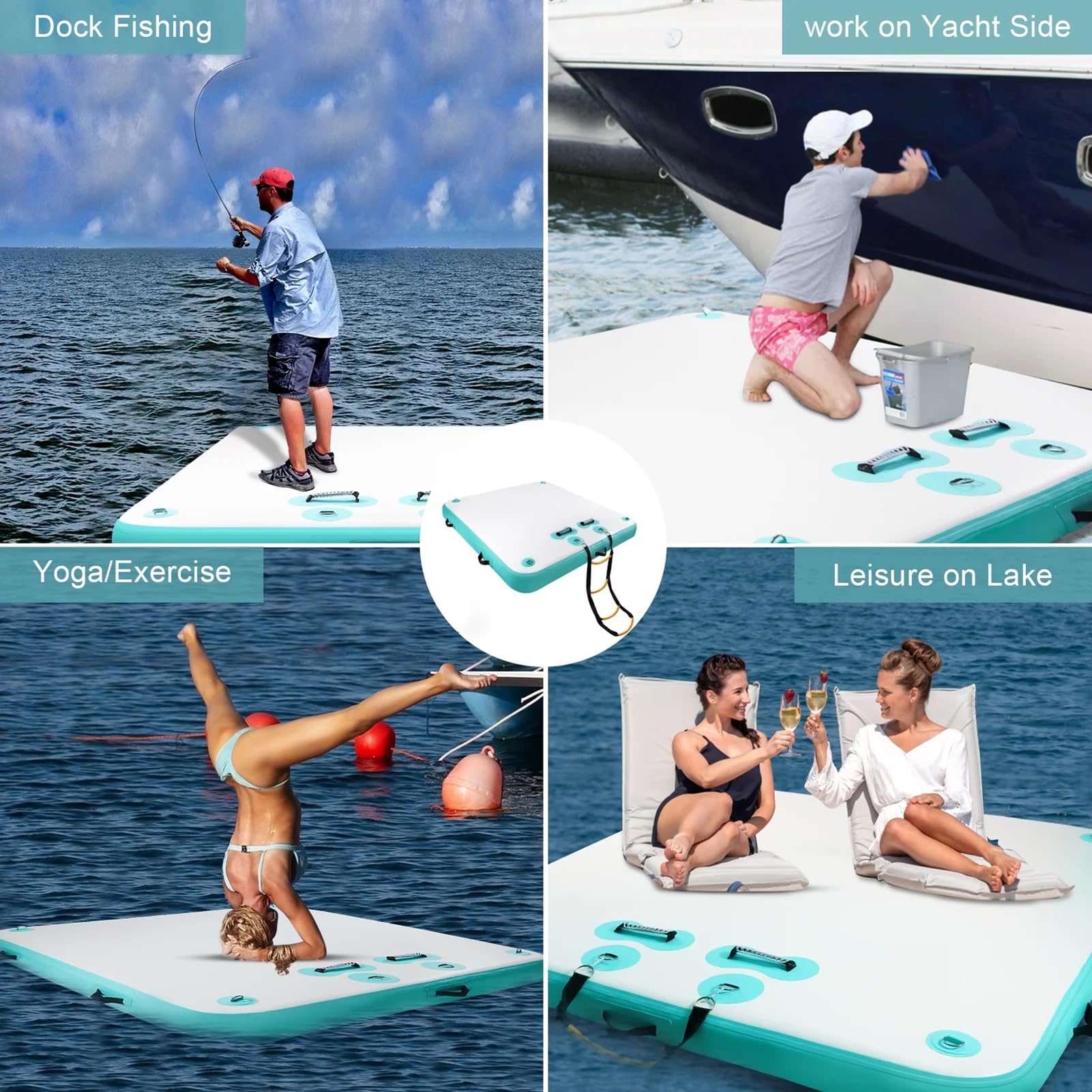 Piattaforma galleggiante gonfiabile con scala rimovibile, superficie antiscivolo, pompa ad aria inclusa per piscina, spiaggia, attività ricreative in acqua, divertimento e relax