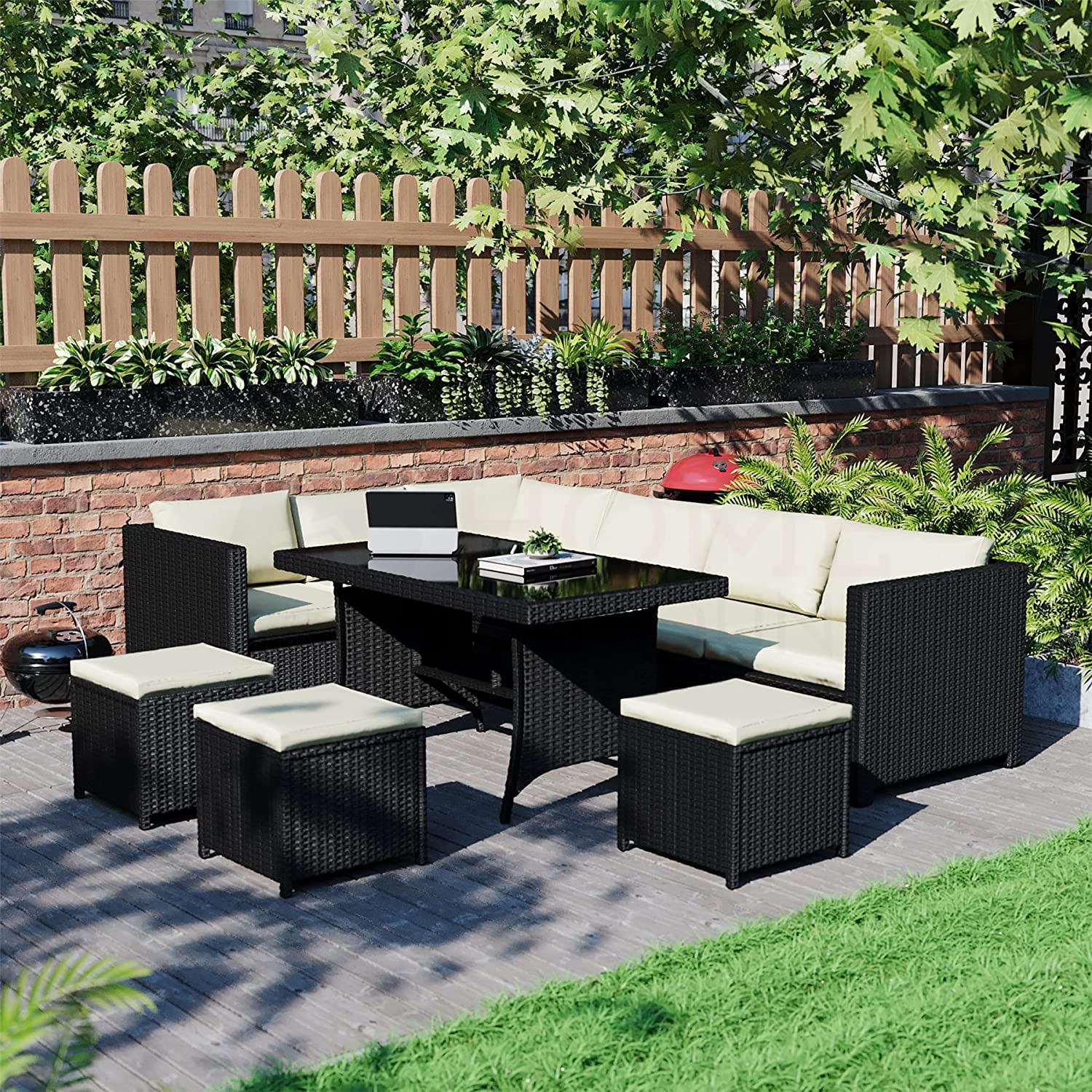 DEVOKO Outdoor Patio Furniture 6 Piece Dining Sectional Sofa with Table and Chair, All Weather Wicker Conversation Set Ottoman for Backyard, Lawn, Garden (Black & Off-White)