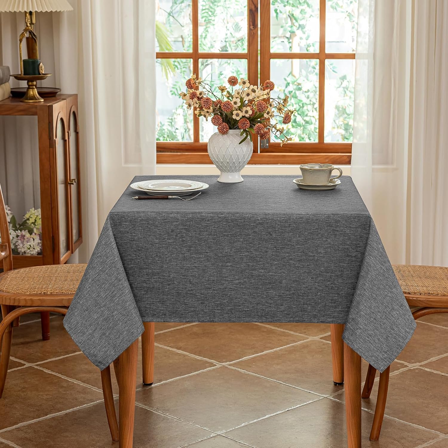 Seenus Faux Linen Fabric 52 x 52 Inch Square Grey Tablecloth Textured Water Resistant & Washable Card Table Cloth Anti-Scratch for Dining Kitchen Patio image 2