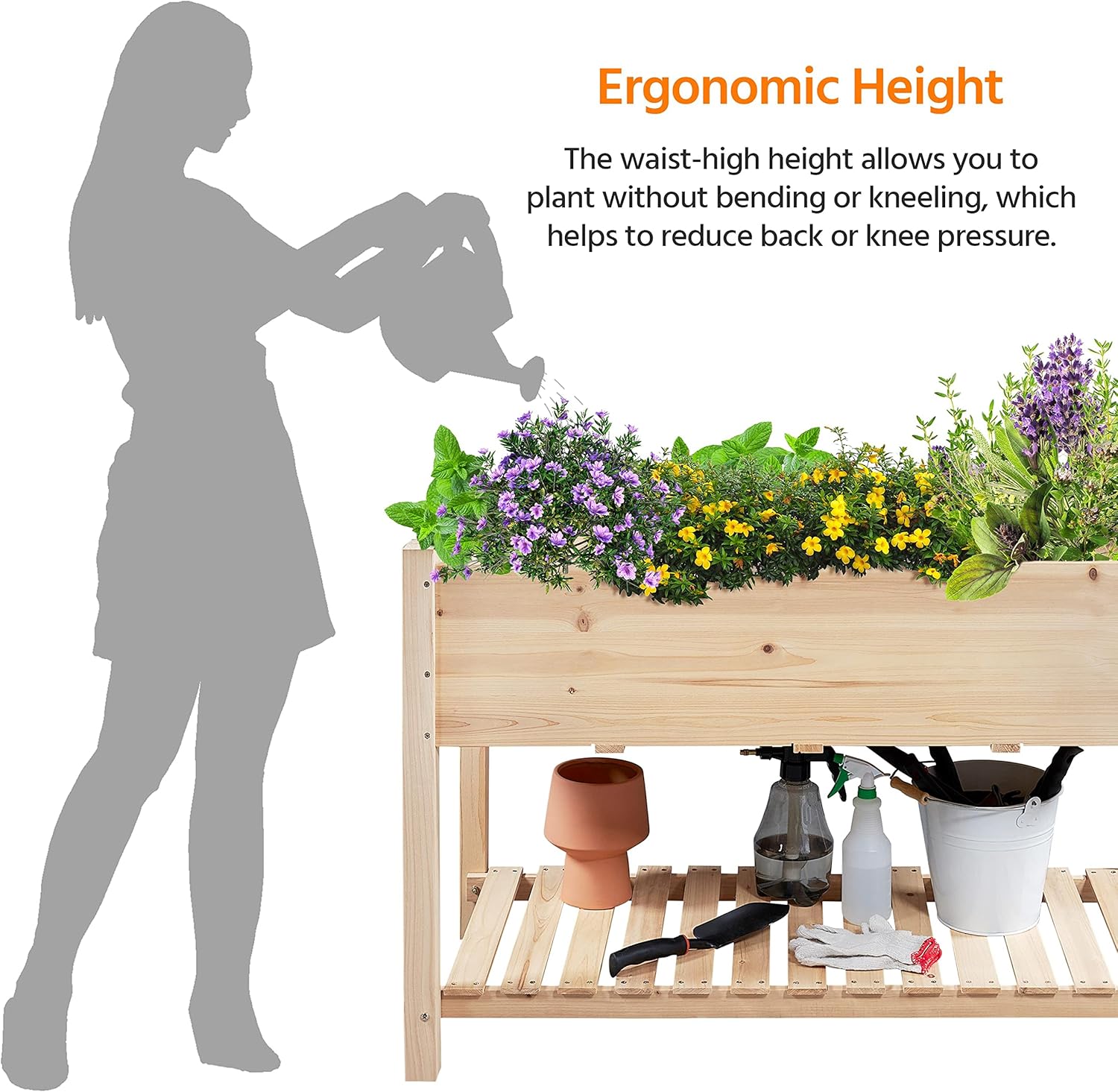 Silhouette of a person watering plants in the Yaheetech Raised Garden Bed, highlighting its ergonomic height.