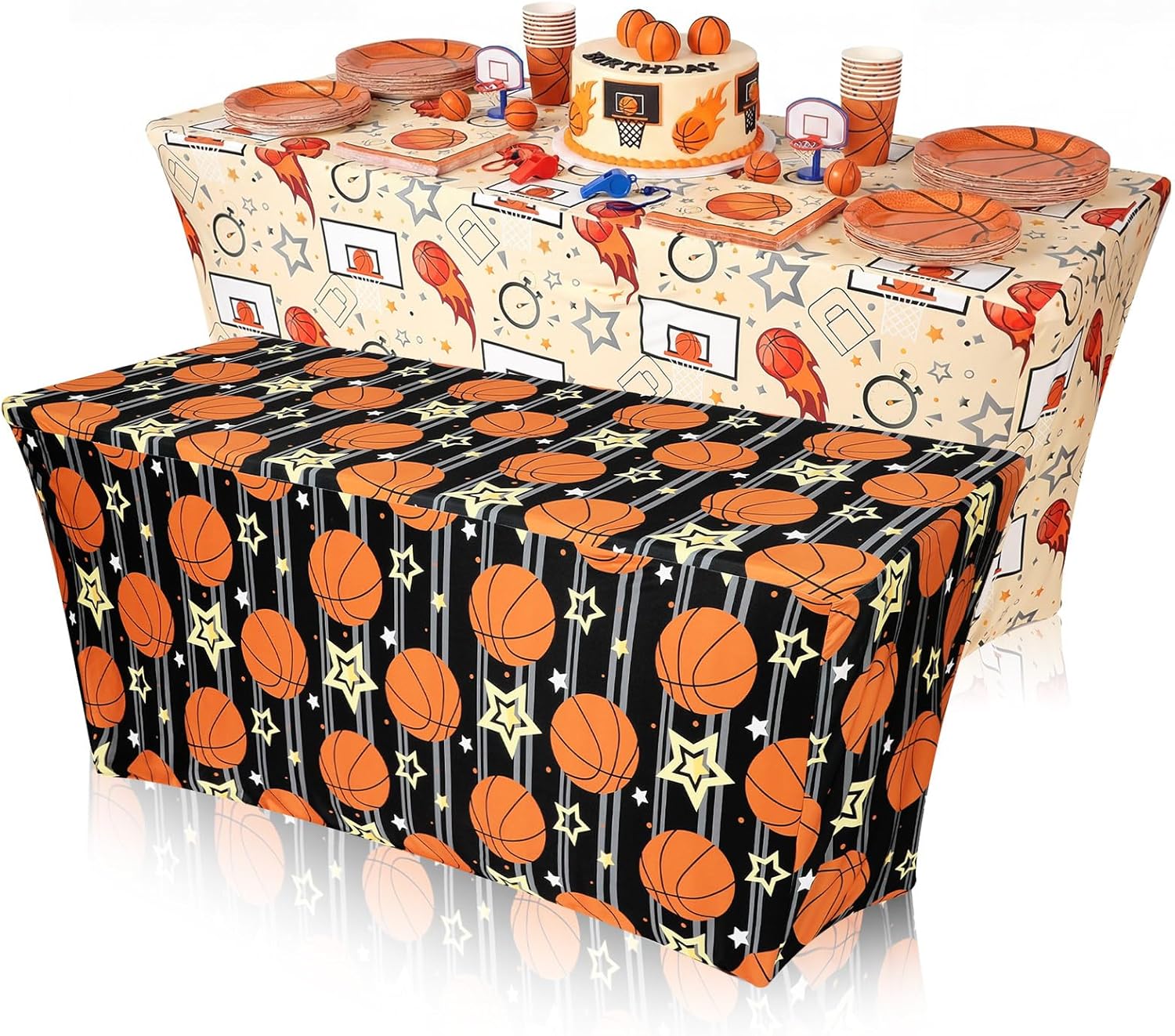Frienda 2 Pcs Basketball Tablecloth Birthday Party Decorations Spandex Stretch 71 x 30'' Basketball Table Cloth Rectangle Table Cover for Sports Theme Birthday Party Supplies