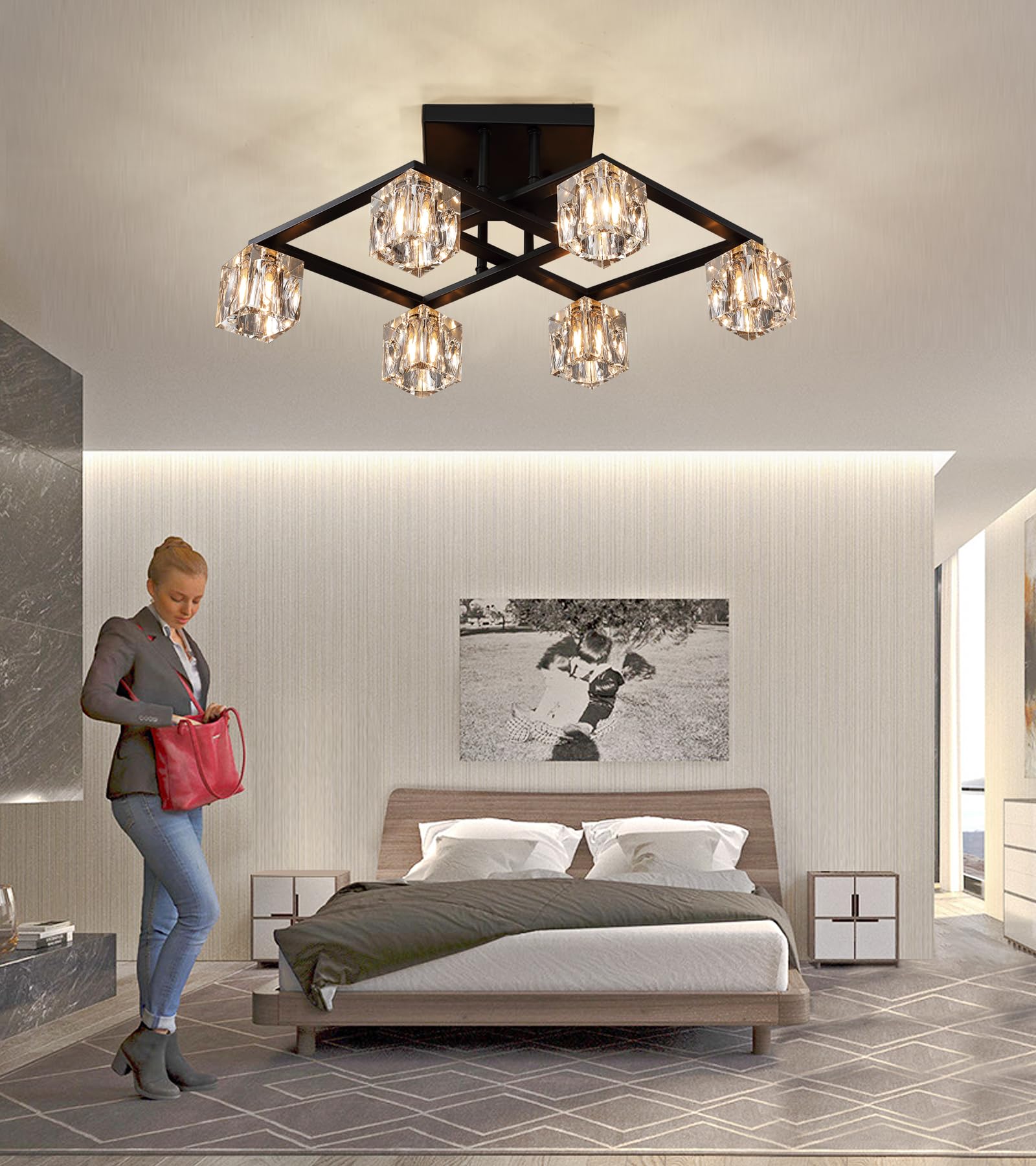 AMZASA Modern Black Crystal Chandelier 6 Light Geometric Semi Flush Mount Ceiling Light Fixture Farmhouse Lighting Fixtures for Dining Room Living Room Bedroom Kitchen Island Office