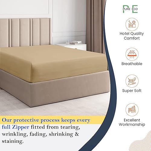 Miniatura 2 de Sábana bajera ajustable con cremallera de tamaño individual XL de 39 x 80 pulgadas, bolsillo profundo de 16 pulgadas, color beige, 600 hilos, 100%