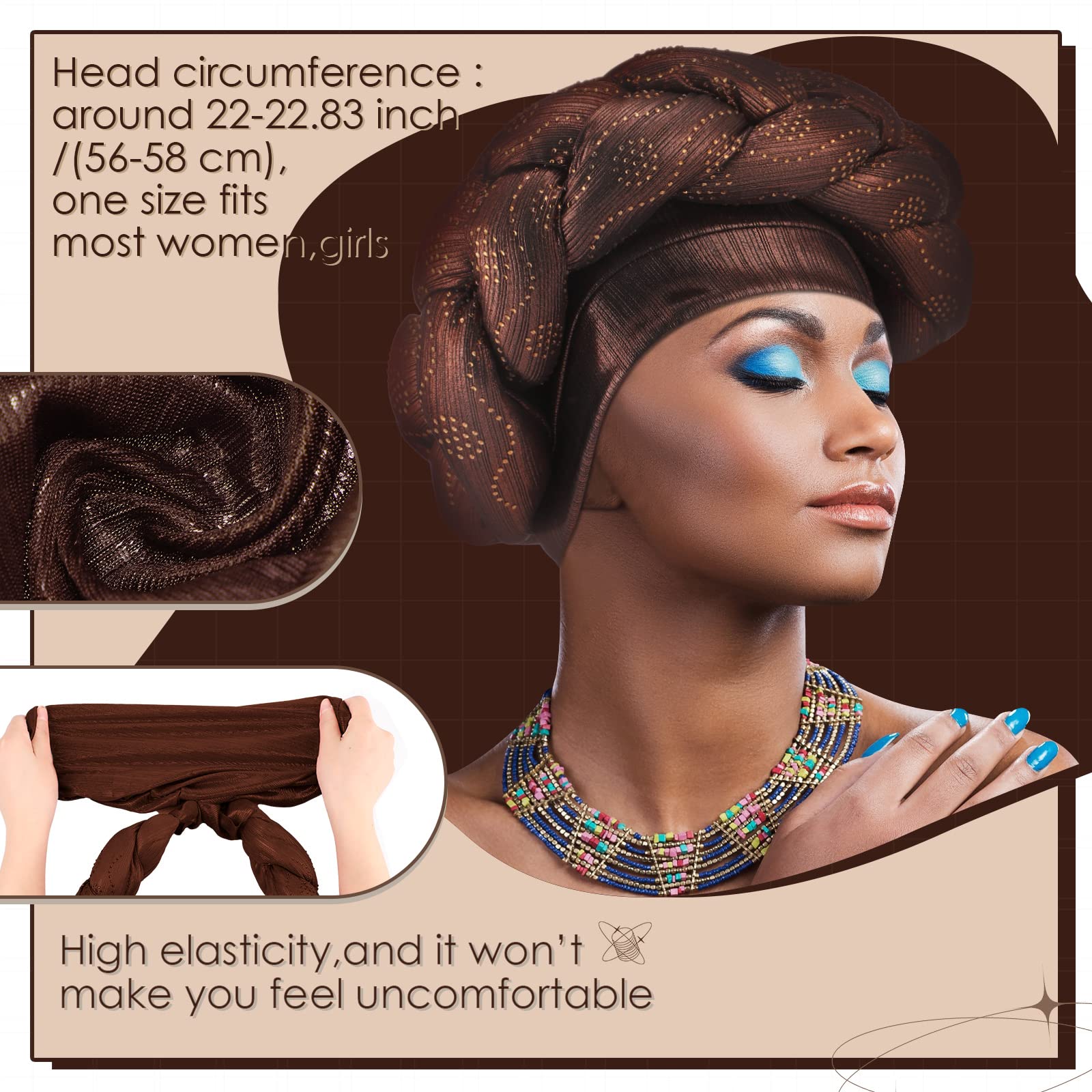 4 Stück afrikanischer Turban-Kopfwickel für Frauen und Mädchen, geflochtene Kristalle, Kopf-Turbane, weiche, gedrehte Wickelkappen für Frauen, Größe M