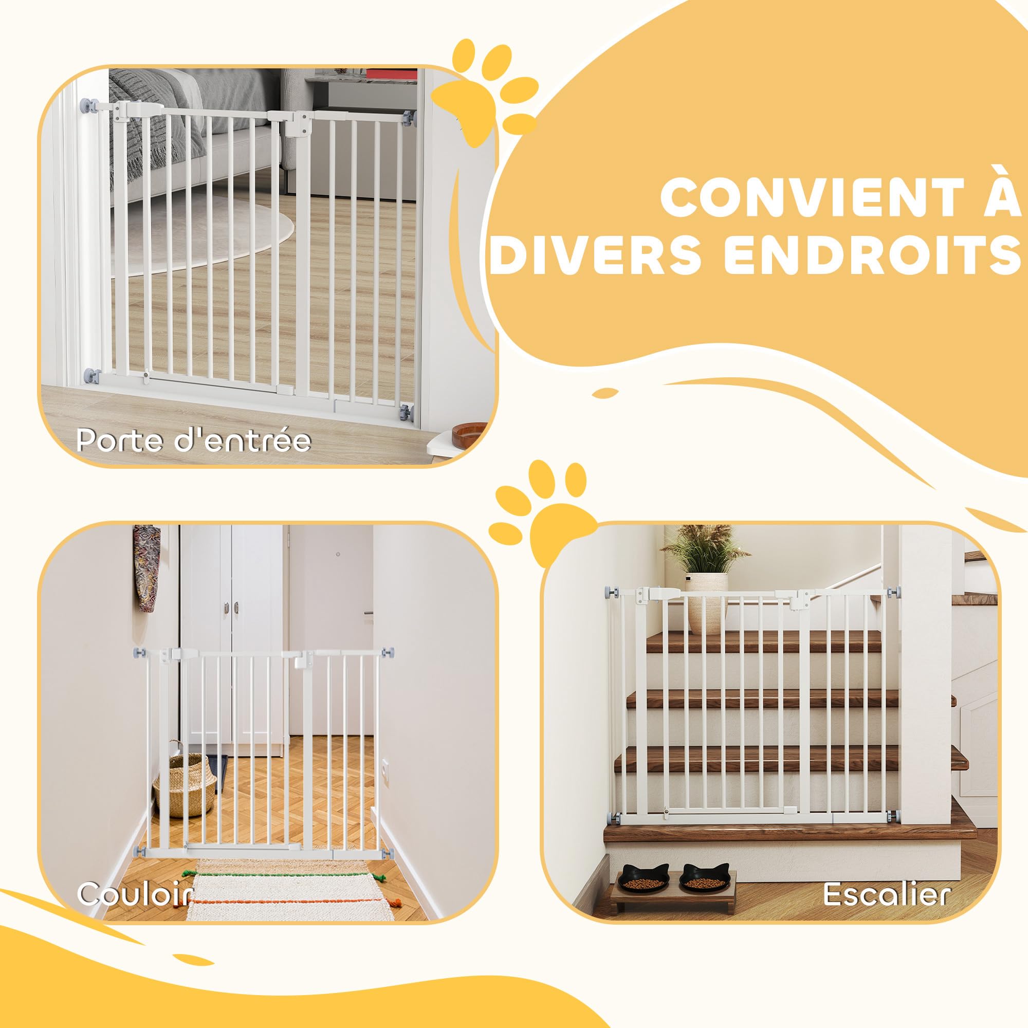 PawHut Barrière de sécurité sans perçage largueur réglable 74-80/91,5-97,5 cm Double Verrouillage Fermeture Automatique barrière Chien pour Porte Couloir escalier Acier Blanc