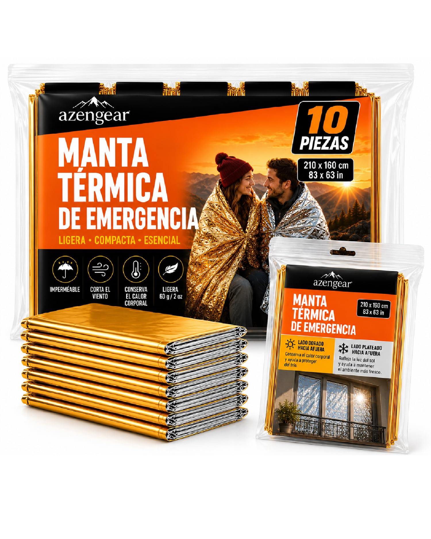 aZengear Mantas Térmicas de Emergencia 10 Unidades, Mylar Oro y Plata | Ayudan a conservar el calor, reflejan el sol, primeros auxilios, camping, senderismo, coche, 210 × 160 cm