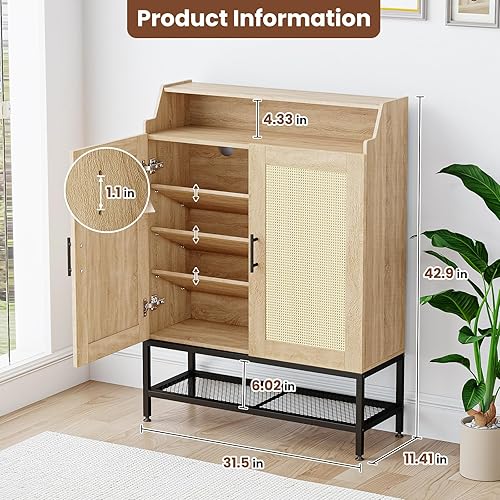 Miniatura 2 de Armario de almacenamiento de zapatos de 7 niveles con puertas de ratán, armario organizador de zapatos con estantes ajustables y bisagra