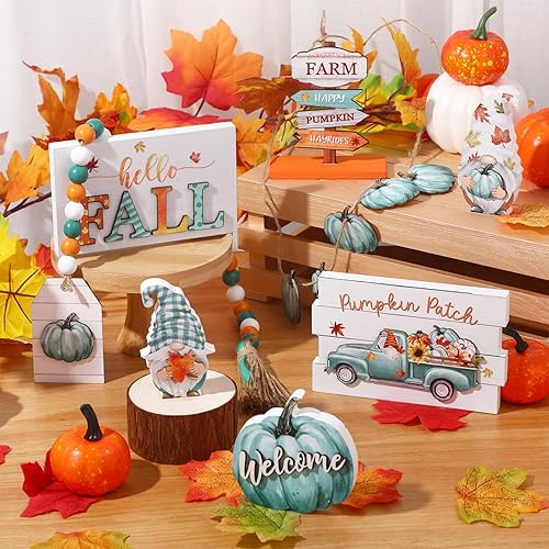 Miniatura 4 de Soaoo Juego de 12 piezas de decoración de bandejas escalonadas de madera con texto en inglés "Hello Fall Pumpkin Gnomo", letreros para otoño,